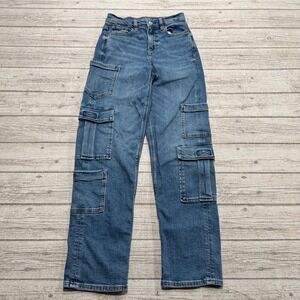 American Eagle Cargo Jeans Women's 000 Blue Medium Wash Straight Relaxed Utility